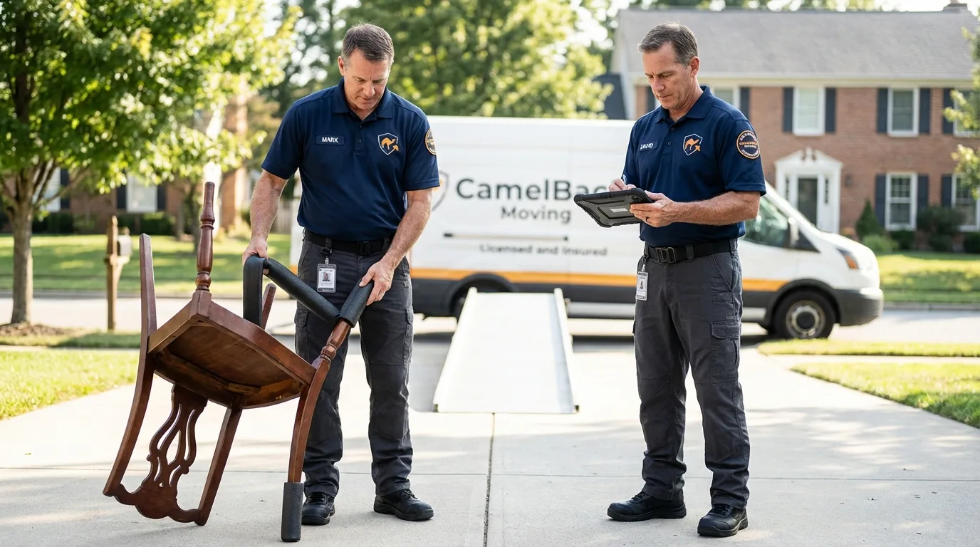 Movers inspecting furniture for damage prevention before loading in Assonet, MA